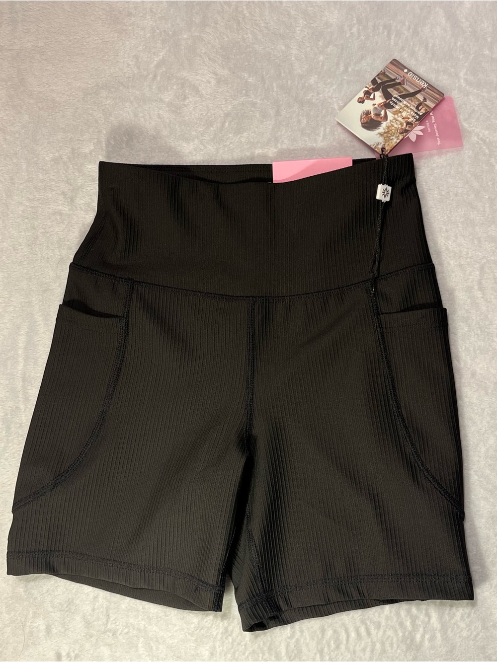 Kensie Black Ribbed High-Waist Bike Shorts with Side Pockets
